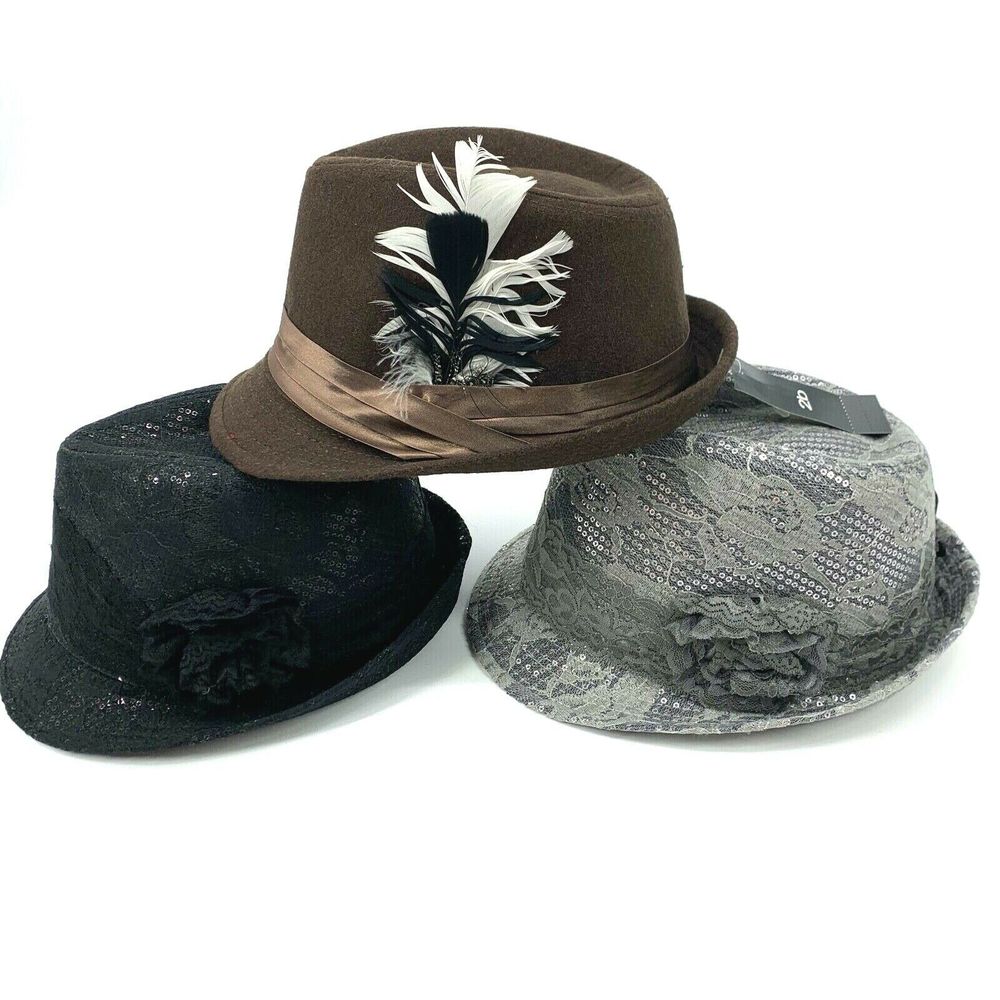 2B Bebe Fedora 3 Hat Bundle Lot Feathers Sequins